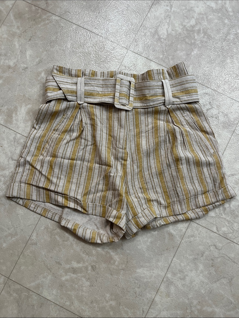 NEW High-Waist Striped Paperbag Shorts in Beige and Mustard M